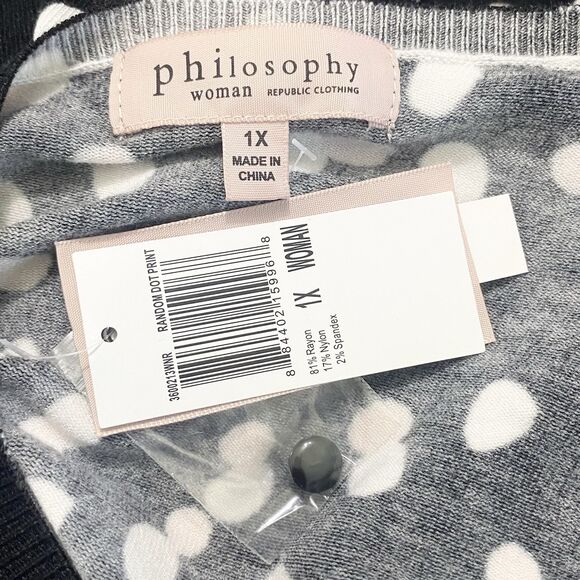 Philosophy Womens Cardigan Sweater Button Up Size 1X Polka Dot Black Cream White - Picture 7 of 9